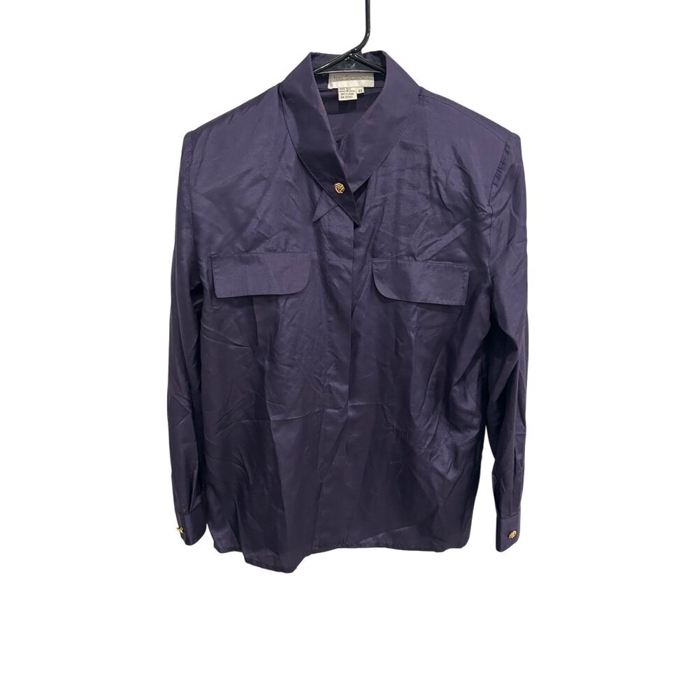 Vintage Four Seasons Shirt Purple Silk Epaulettes Gold Size 8 Quiet Luxury Retro